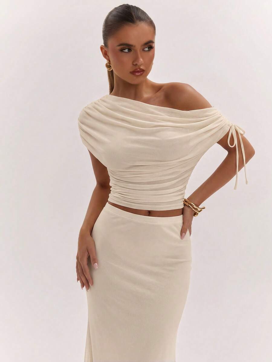 SHEIN BAE Women's Solid Color Asymmetrical Neck Top And Skirt Casual 2 Pieces Set
