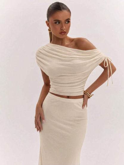 SHEIN BAE Women's Solid Color Asymmetrical Neck Top And Skirt Casual 2 Pieces Set
