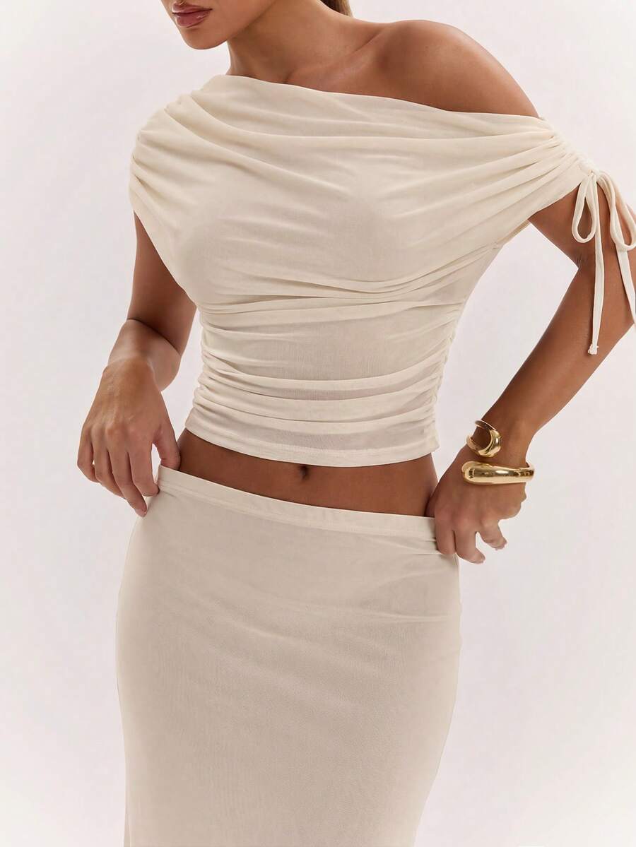 SHEIN BAE Women's Solid Color Asymmetrical Neck Top And Skirt Casual 2 Pieces Set