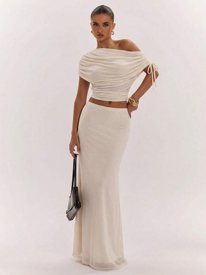 SHEIN BAE Women's Solid Color Asymmetrical Neck Top And Skirt Casual 2 Pieces Set