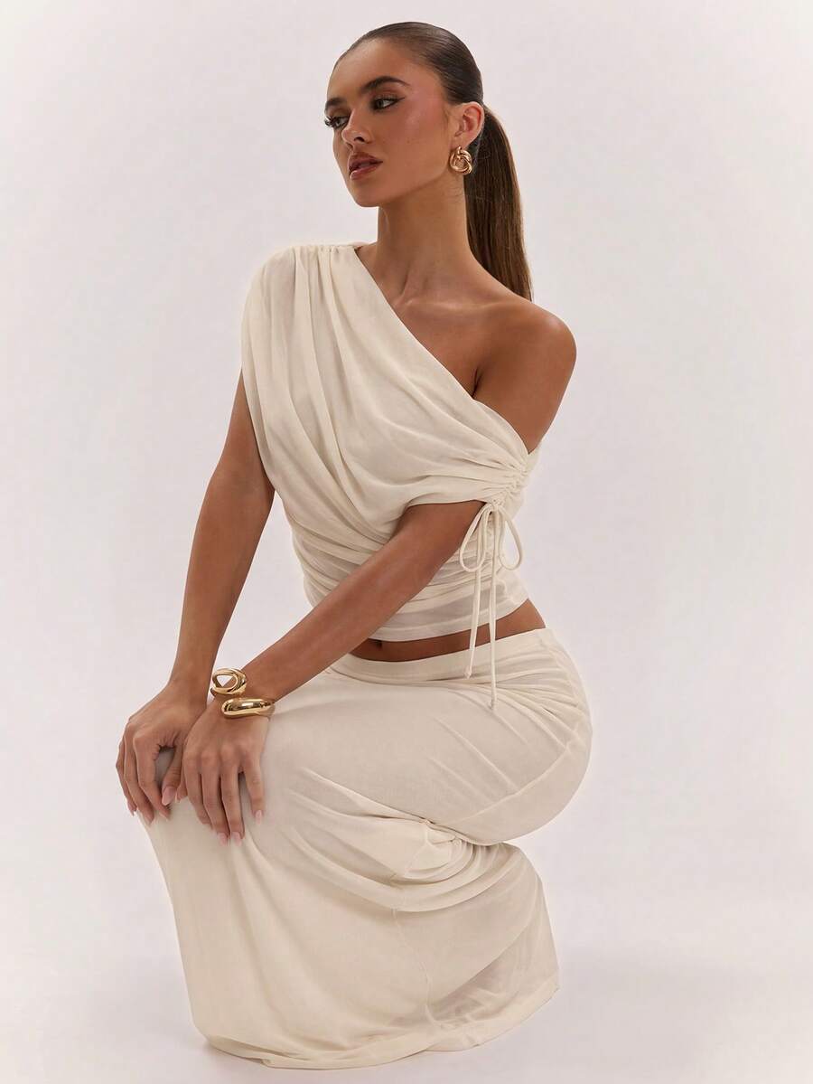 SHEIN BAE Women's Solid Color Asymmetrical Neck Top And Skirt Casual 2 Pieces Set