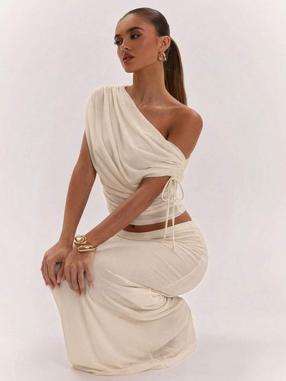 SHEIN BAE Women's Solid Color Asymmetrical Neck Top And Skirt Casual 2 Pieces Set