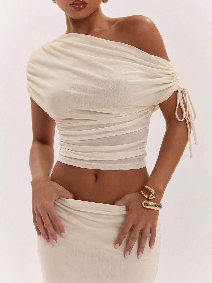 SHEIN BAE Women's Solid Color Asymmetrical Neck Top And Skirt Casual 2 Pieces Set