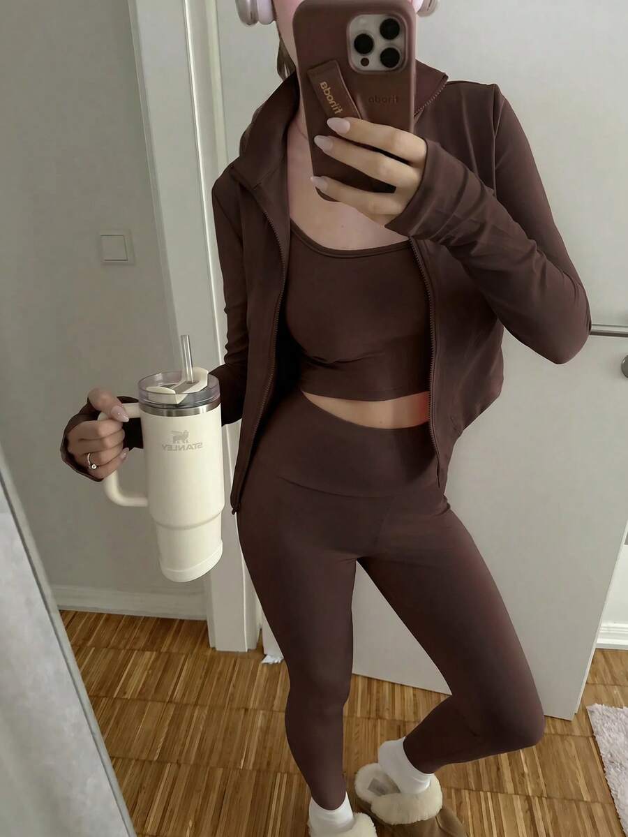 SHEIN EZwear Black Knit Women Zip-Up Cardigan + Camisole + Pants 3Pcs Sportswear Casual Set Gym Workout Autumn