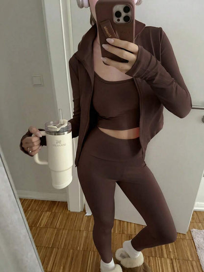 SHEIN EZwear Black Knit Women Zip-Up Cardigan + Camisole + Pants 3Pcs Sportswear Casual Set Gym Workout Autumn