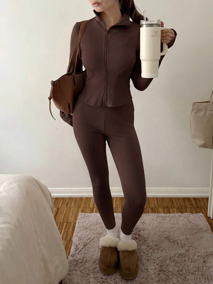 SHEIN EZwear Black Knit Women Zip-Up Cardigan + Camisole + Pants 3Pcs Sportswear Casual Set Gym Workout Autumn