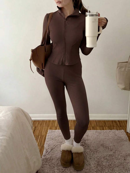 SHEIN EZwear Black Knit Women Zip-Up Cardigan + Camisole + Pants 3Pcs Sportswear Casual Set Gym Workout Autumn