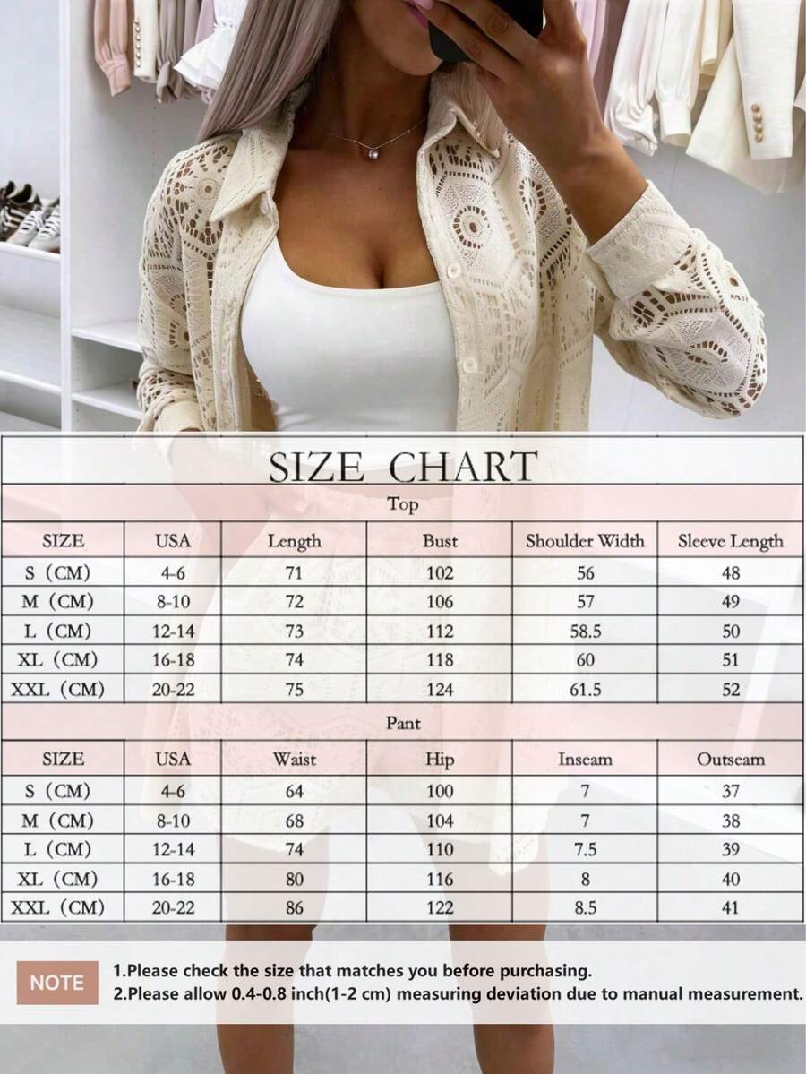 2pcs/Set Women's Casual Vacation White Lace Outfit, Long Sleeve Hollow Loose Top Paired With Elastic Waist Shorts, Elegant Beach Cover-Up Summer, Resort Wear