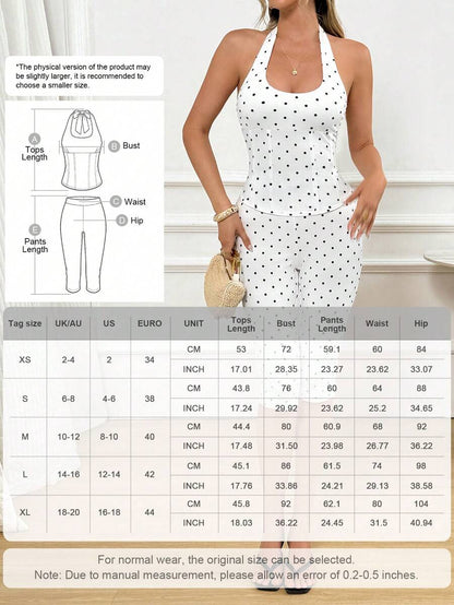 Women's 2-Piece Summer Y2K Set, Polka Dot Deep V Halter Tie-Up Fitted Top & 3/4 Pants, Suitable For Outings, Street Style And Music Festivals Elegant