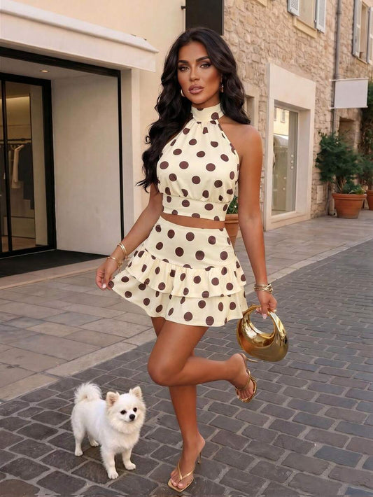 AIJ Amarilo Sexy Spaghetti Strap Backless Polka Dot 2-Piece Set, Women Sleeveless Crop Top And Ruffle Hem Mini Skirt For Party Outfit Elegant Summer