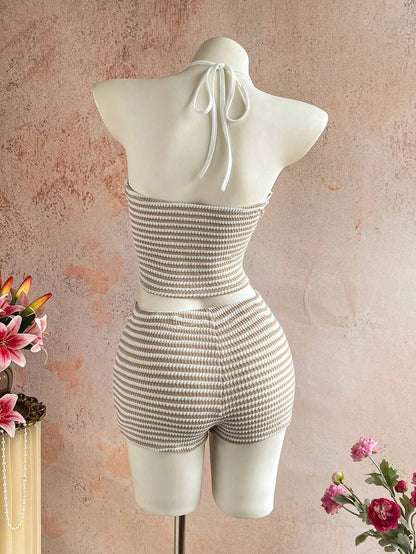 Sunnyshic Women's Autumn/Winter Casual Striped Knit Set Halter Top Low Waist Shorts Slim Fit Elegant Beach Outfit Tank Top Shorts