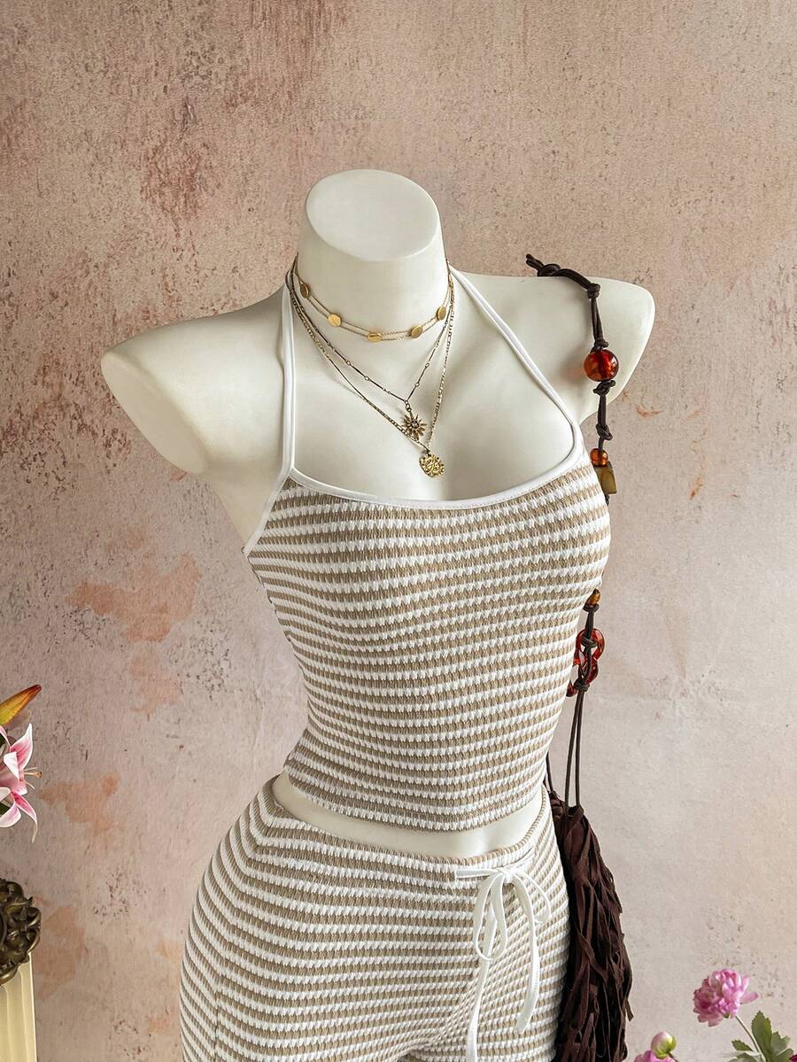 Sunnyshic Women's Autumn/Winter Casual Striped Knit Set Halter Top Low Waist Shorts Slim Fit Elegant Beach Outfit Tank Top Shorts