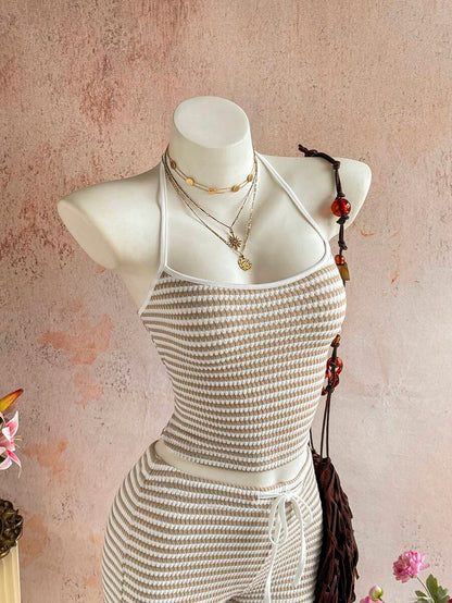 Sunnyshic Women's Autumn/Winter Casual Striped Knit Set Halter Top Low Waist Shorts Slim Fit Elegant Beach Outfit Tank Top Shorts