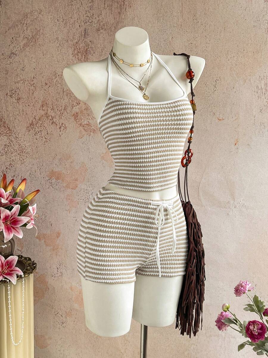 Sunnyshic Women's Autumn/Winter Casual Striped Knit Set Halter Top Low Waist Shorts Slim Fit Elegant Beach Outfit Tank Top Shorts