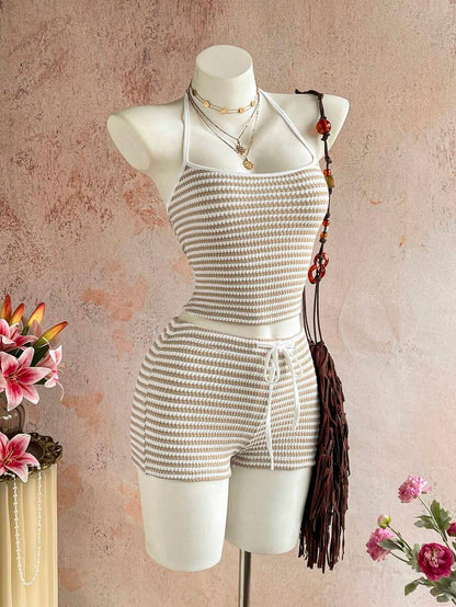 Sunnyshic Women's Autumn/Winter Casual Striped Knit Set Halter Top Low Waist Shorts Slim Fit Elegant Beach Outfit Tank Top Shorts