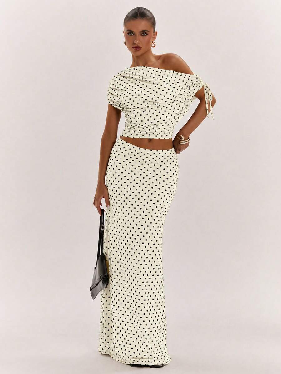 SHEIN BAE Women's Solid Color Asymmetrical Neck Top And Skirt Casual 2 Pieces Set
