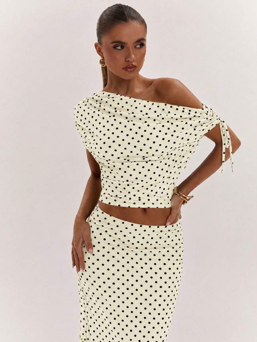 SHEIN BAE Women's Solid Color Asymmetrical Neck Top And Skirt Casual 2 Pieces Set