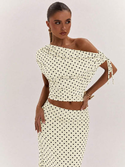 SHEIN BAE Women's Solid Color Asymmetrical Neck Top And Skirt Casual 2 Pieces Set