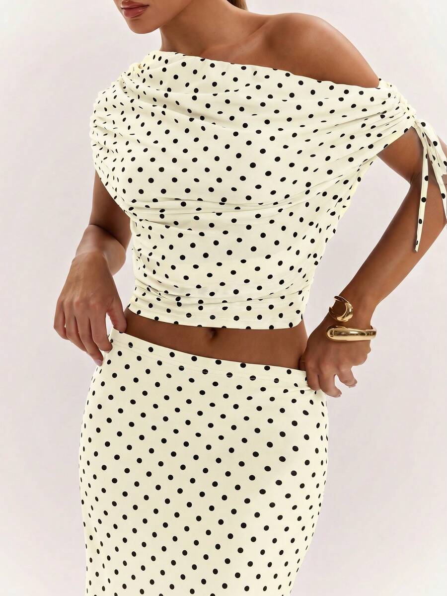 SHEIN BAE Women's Solid Color Asymmetrical Neck Top And Skirt Casual 2 Pieces Set