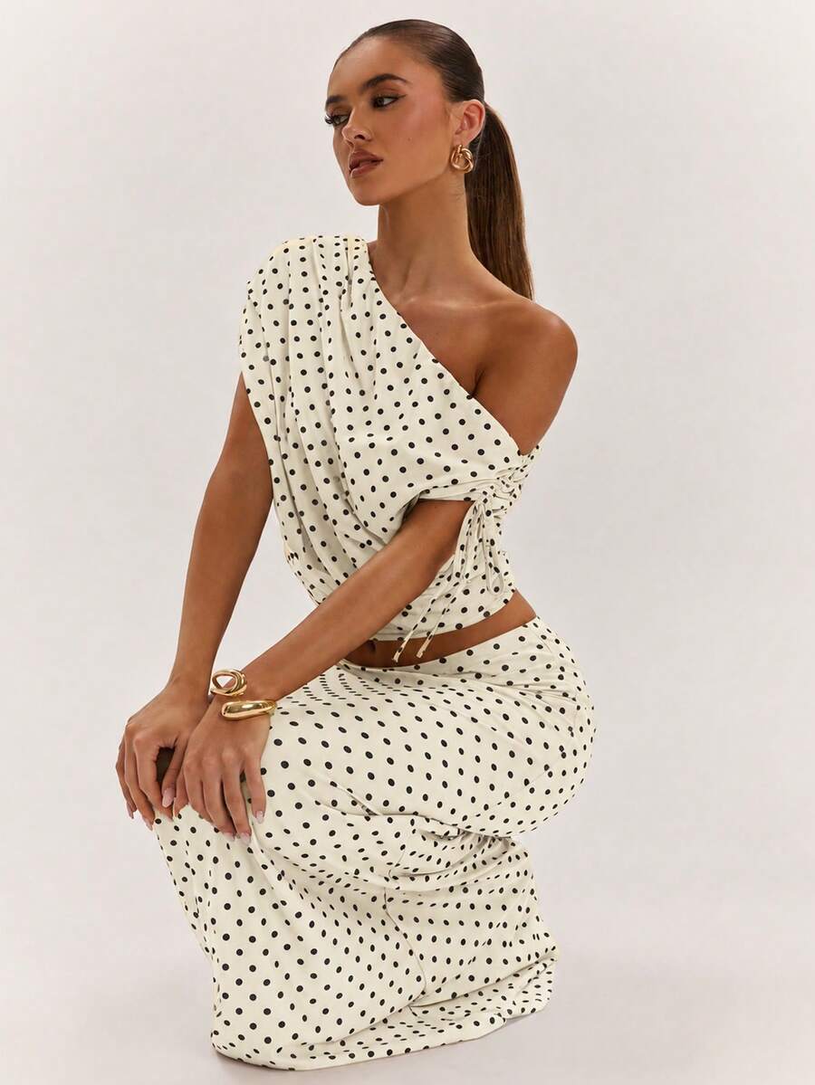 SHEIN BAE Women's Solid Color Asymmetrical Neck Top And Skirt Casual 2 Pieces Set