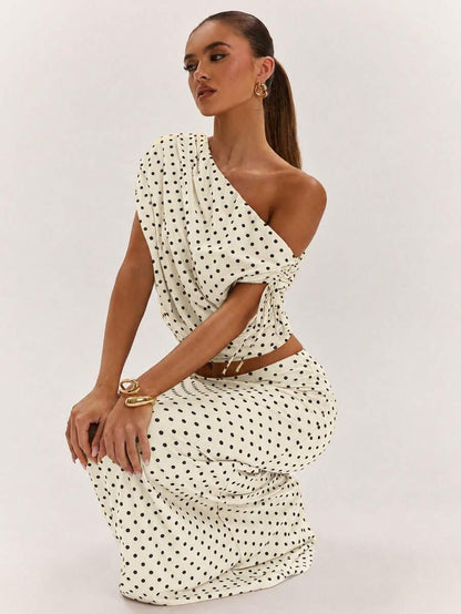 SHEIN BAE Women's Solid Color Asymmetrical Neck Top And Skirt Casual 2 Pieces Set