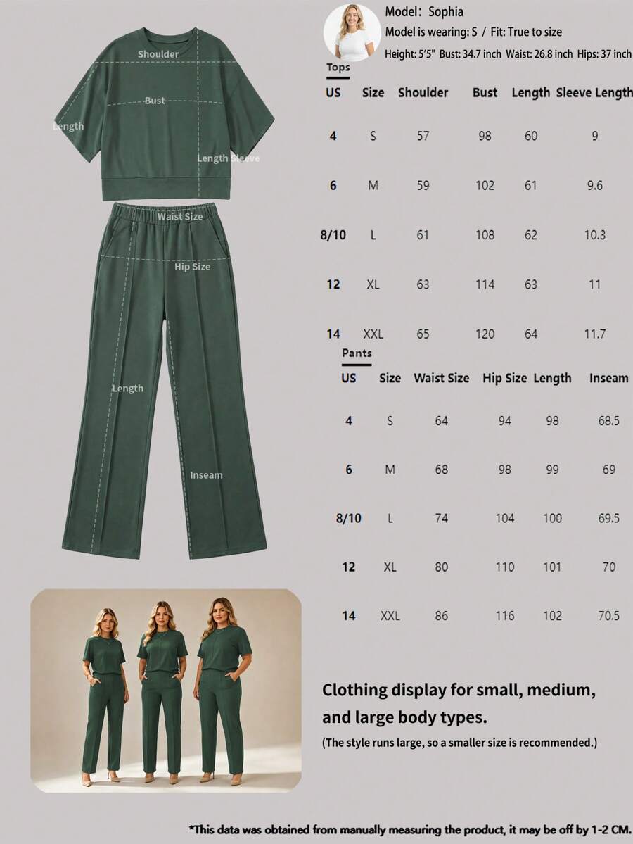 Women's 2 Pieces Casual Outfit, Comfortable Solid Color Short Sleeve Top Paired With Elastic Waist Pocket Pants, Soft Polyester-Spandex Fabric, Spring/Summer Elegant