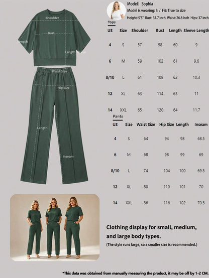 Women's 2 Pieces Casual Outfit, Comfortable Solid Color Short Sleeve Top Paired With Elastic Waist Pocket Pants, Soft Polyester-Spandex Fabric, Spring/Summer Elegant