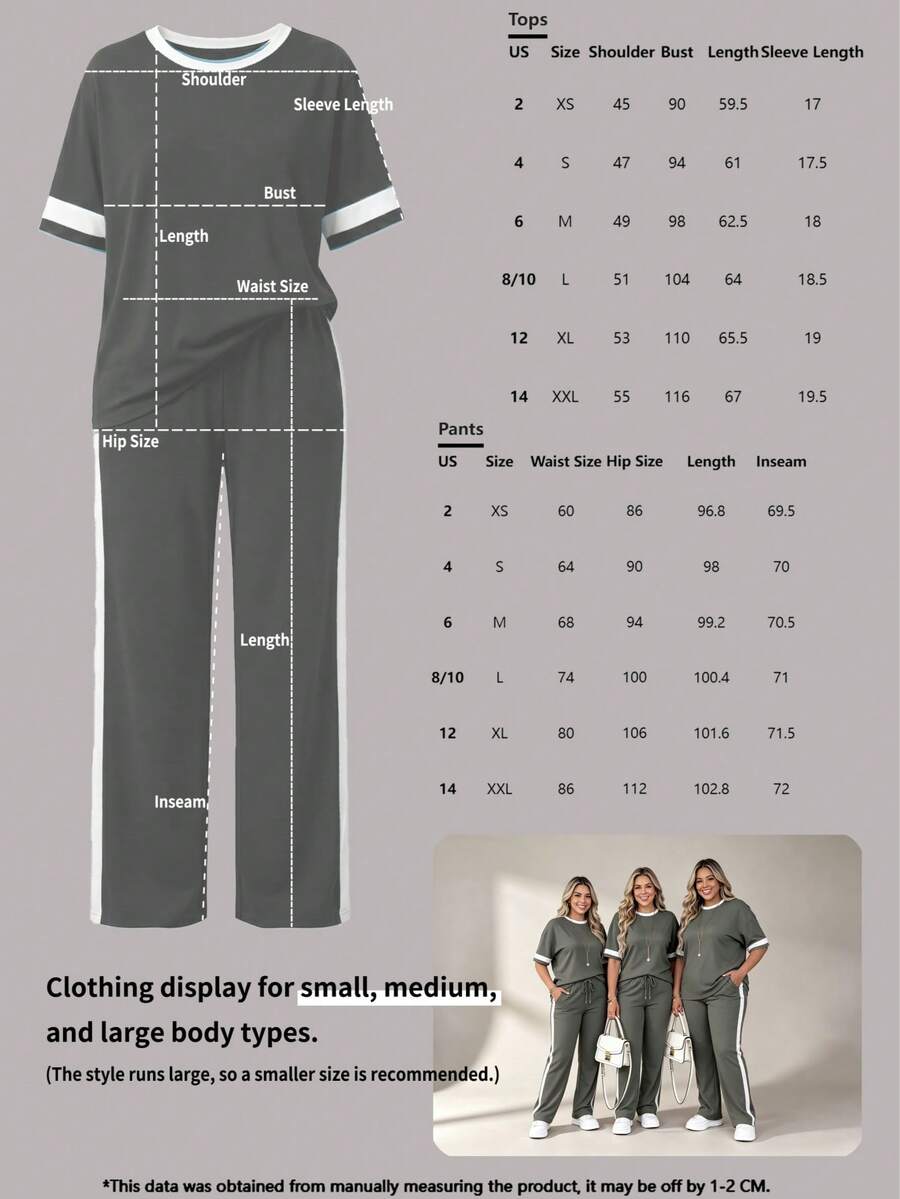 Spring/Summer Women's Casual Matching Contrast Color Round Neck Short Sleeve Top And High Waist Drawstring Straight Leg Pants 2 Pieces Set Elegant