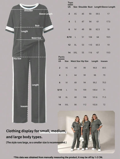 Spring/Summer Women's Casual Matching Contrast Color Round Neck Short Sleeve Top And High Waist Drawstring Straight Leg Pants 2 Pieces Set Elegant