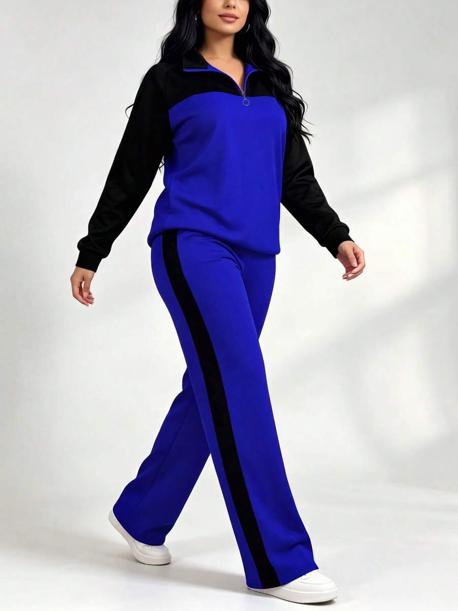 Women's Casual Set, Collared Loose Top And Wide Leg Pants 2 Pieces Outfit, Autumn/Winter Spring Elegant