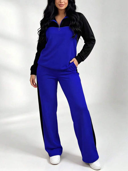 Women's Casual Set, Collared Loose Top And Wide Leg Pants 2 Pieces Outfit, Autumn/Winter Spring Elegant