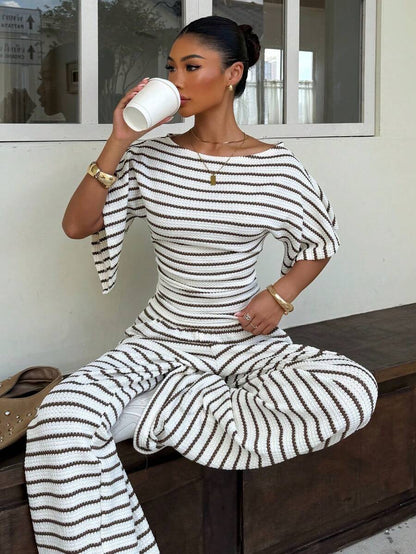 SHEIN EZwear Women's Solid Color Pleated Top And Elastic Waist Long Pants Casual Daily Set Brunch Dark Brown Summer