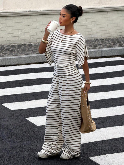 SHEIN EZwear Women's Solid Color Pleated Top And Elastic Waist Long Pants Casual Daily Set Brunch Dark Brown Summer