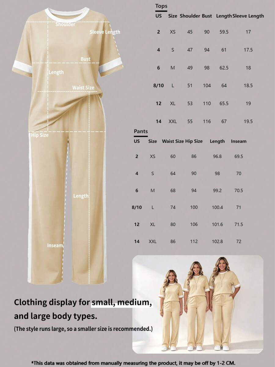 Spring/Summer Women's Casual Matching Contrast Color Round Neck Short Sleeve Top And High Waist Drawstring Straight Leg Pants 2 Pieces Set Elegant