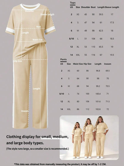 Spring/Summer Women's Casual Matching Contrast Color Round Neck Short Sleeve Top And High Waist Drawstring Straight Leg Pants 2 Pieces Set Elegant