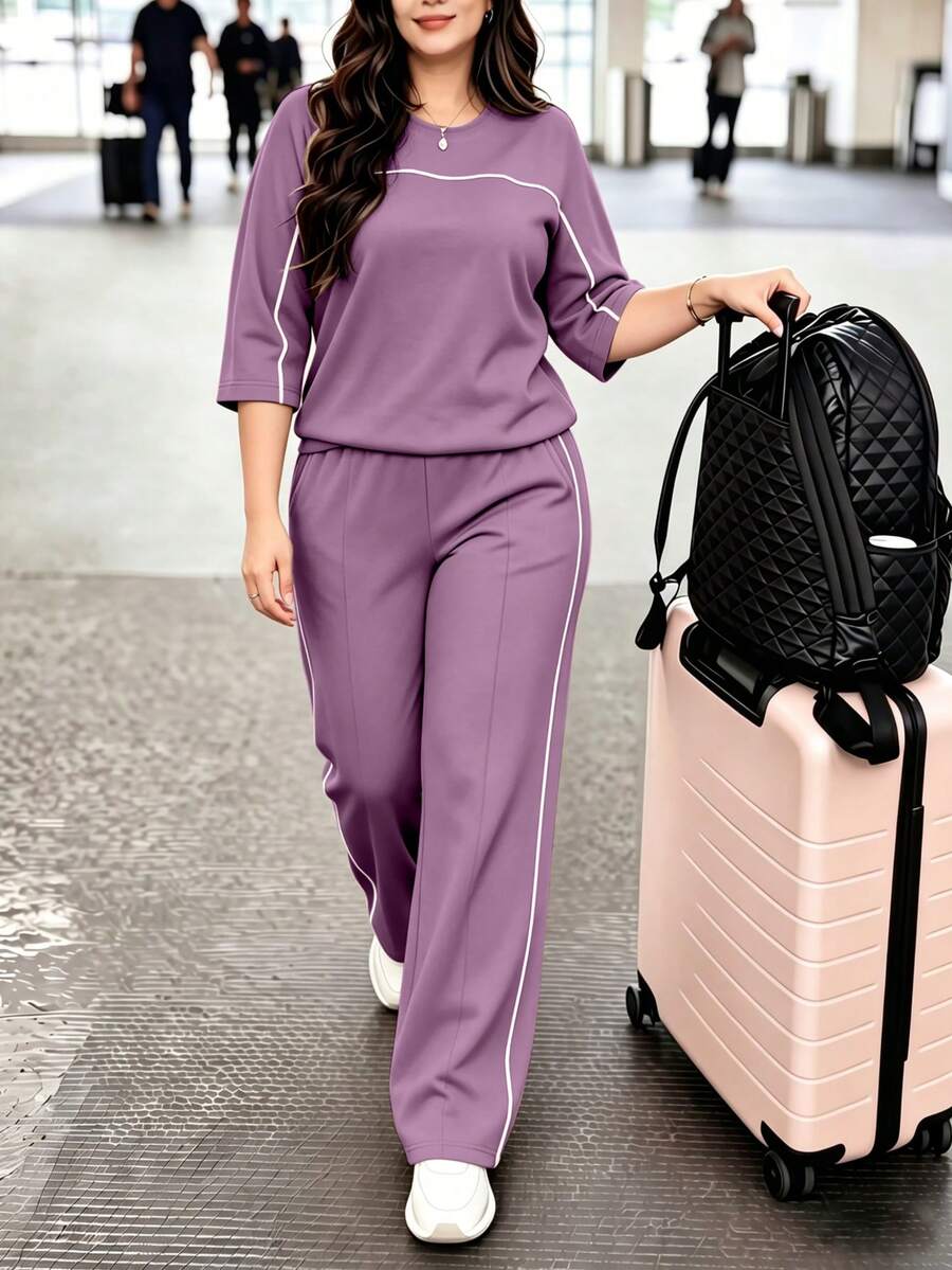 Spring/Autumn Plus Size Women's New Round Neck 3/4 Sleeve T-Shirt & Casual Daily Elastic Waist Loose Long Pants 2-Piece Set, Visual Concealing Elegant