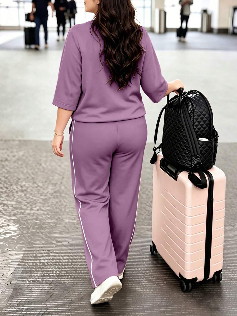 Spring/Autumn Plus Size Women's New Round Neck 3/4 Sleeve T-Shirt & Casual Daily Elastic Waist Loose Long Pants 2-Piece Set, Visual Concealing Elegant