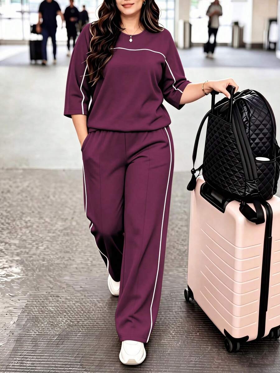 Spring/Autumn Plus Size Women's New Round Neck 3/4 Sleeve T-Shirt & Casual Daily Elastic Waist Loose Long Pants 2-Piece Set, Visual Concealing Elegant