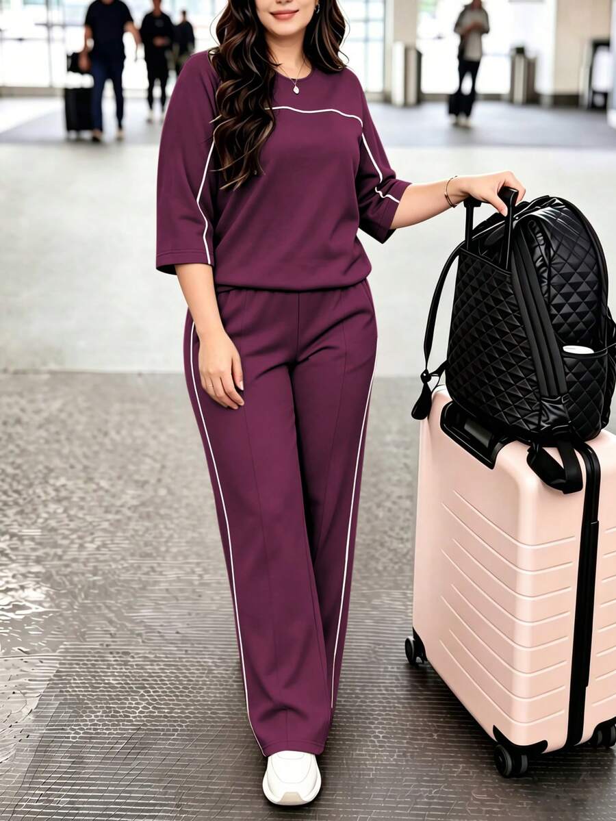 Spring/Autumn Plus Size Women's New Round Neck 3/4 Sleeve T-Shirt & Casual Daily Elastic Waist Loose Long Pants 2-Piece Set, Visual Concealing Elegant