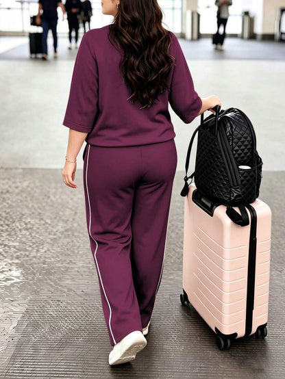 Spring/Autumn Plus Size Women's New Round Neck 3/4 Sleeve T-Shirt & Casual Daily Elastic Waist Loose Long Pants 2-Piece Set, Visual Concealing Elegant