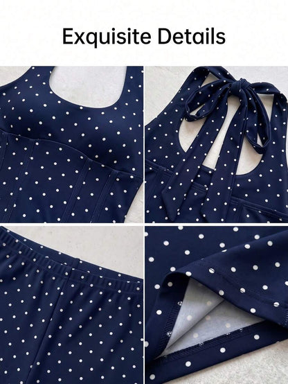 Women's 2-Piece Summer Y2K Set, Polka Dot Deep V Halter Tie-Up Fitted Top & 3/4 Pants, Suitable For Outings, Street Style And Music Festivals Elegant