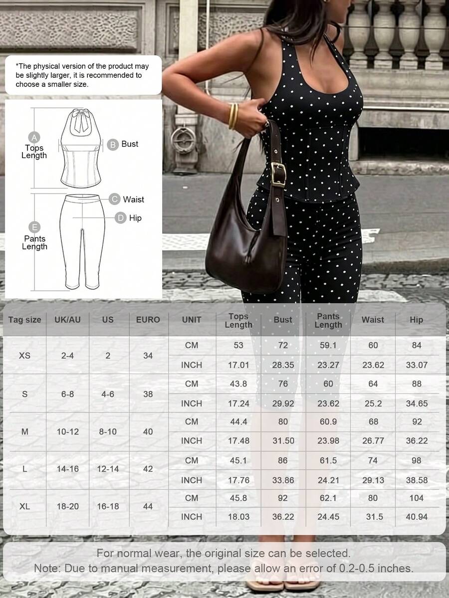 Women's 2-Piece Summer Y2K Set, Polka Dot Deep V Halter Tie-Up Fitted Top & 3/4 Pants, Suitable For Outings, Street Style And Music Festivals Elegant