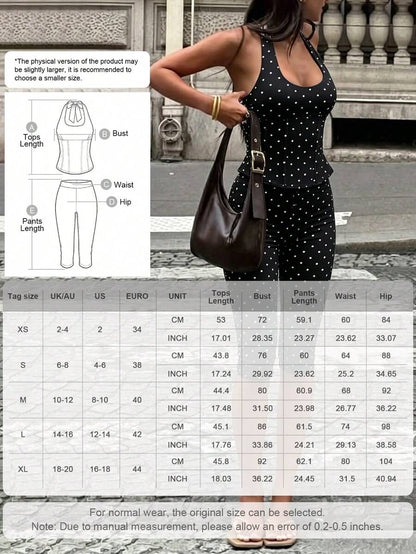 Women's 2-Piece Summer Y2K Set, Polka Dot Deep V Halter Tie-Up Fitted Top & 3/4 Pants, Suitable For Outings, Street Style And Music Festivals Elegant