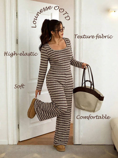 Lounesse Plus Size Women Solid Color Square Neck Long Sleeve T-Shirt And Pants Casual 2 Pieces Set Casual Daily Going Out 2 Pieces Sets Casual School Outfit Set