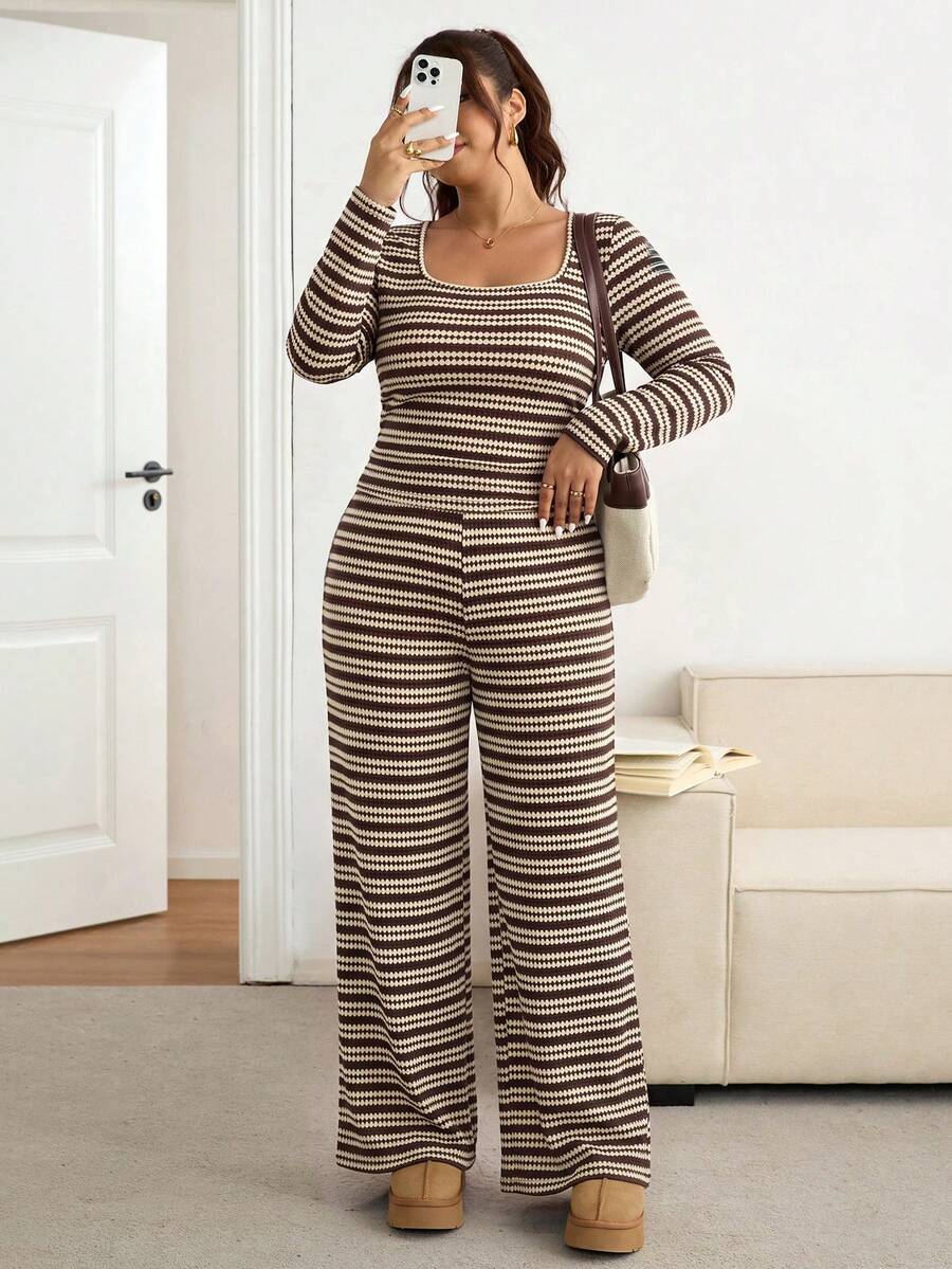 Lounesse Plus Size Women Solid Color Square Neck Long Sleeve T-Shirt And Pants Casual 2 Pieces Set Casual Daily Going Out 2 Pieces Sets Casual School Outfit Set
