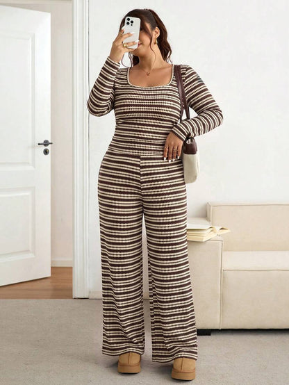 Lounesse Plus Size Women Solid Color Square Neck Long Sleeve T-Shirt And Pants Casual 2 Pieces Set Casual Daily Going Out 2 Pieces Sets Casual School Outfit Set