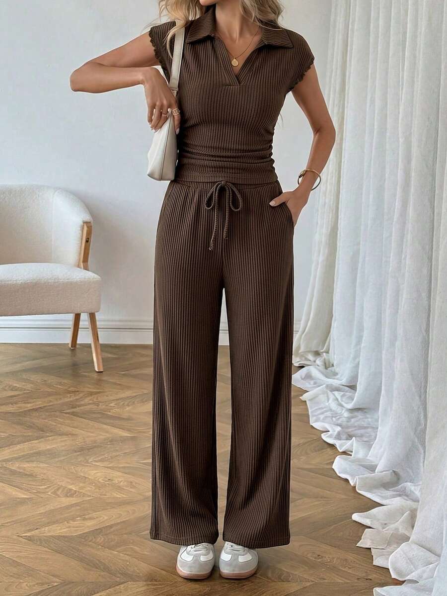 Easowa Women's Casual Polo Collar Short Sleeve Top And Pants 2 Pieces Set,Summer Outfits For Women Brunch Dark Brown Brunch