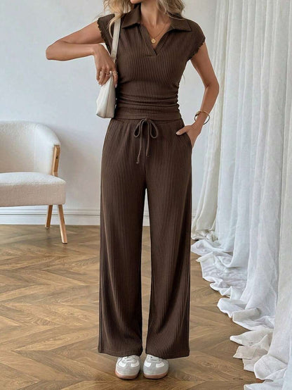 Easowa Women's Casual Polo Collar Short Sleeve Top And Pants 2 Pieces Set,Summer Outfits For Women Brunch Dark Brown Brunch
