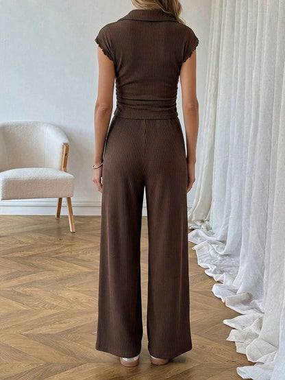 Easowa Women's Casual Polo Collar Short Sleeve Top And Pants 2 Pieces Set,Summer Outfits For Women Brunch Dark Brown Brunch