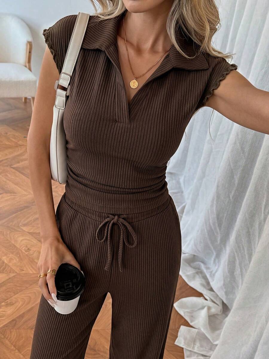 Easowa Women's Casual Polo Collar Short Sleeve Top And Pants 2 Pieces Set,Summer Outfits For Women Brunch Dark Brown Brunch